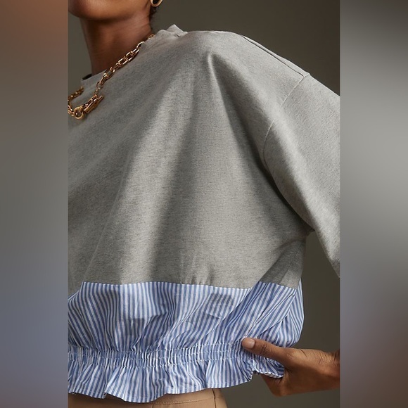 Anthropologie Tops - Anthropologie Maeve short-sleeve ruched top featuring a gray top blue stripe
